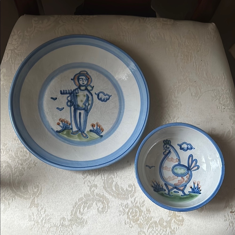 Vintage M A Hadley pottery folk art country farmer plate, chicken bowl set